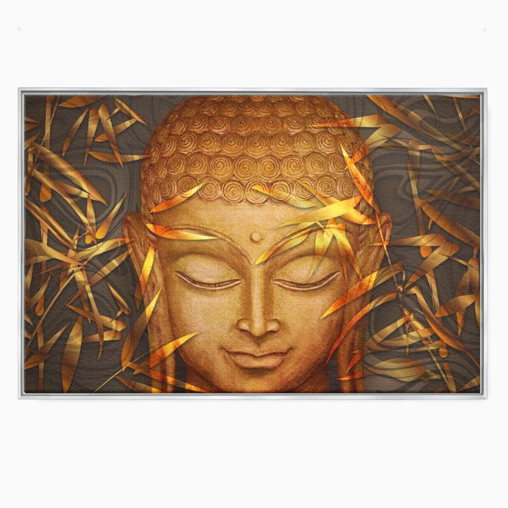Tablou canvas cu tablou canvas cu chipul lui buddha, in rama de aluminiu argintiu
